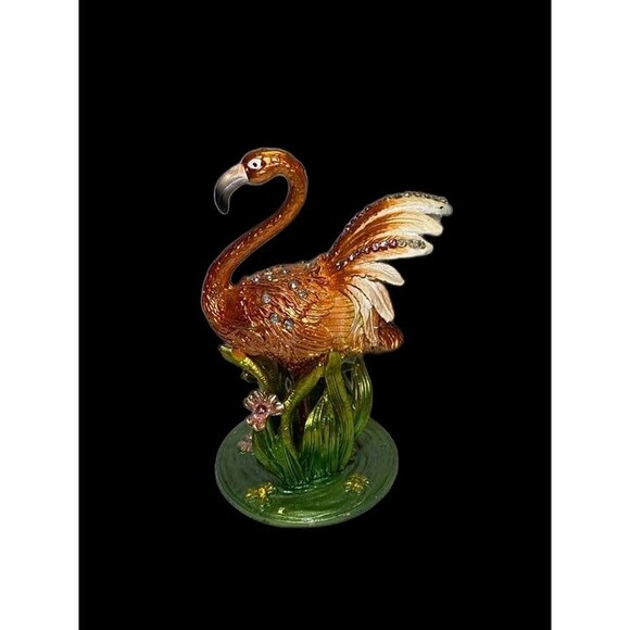 Trinket Box Flamingo Solid Metal Enameled Sparkling Crystals Treasure Box Gift - Picture 3 of 7